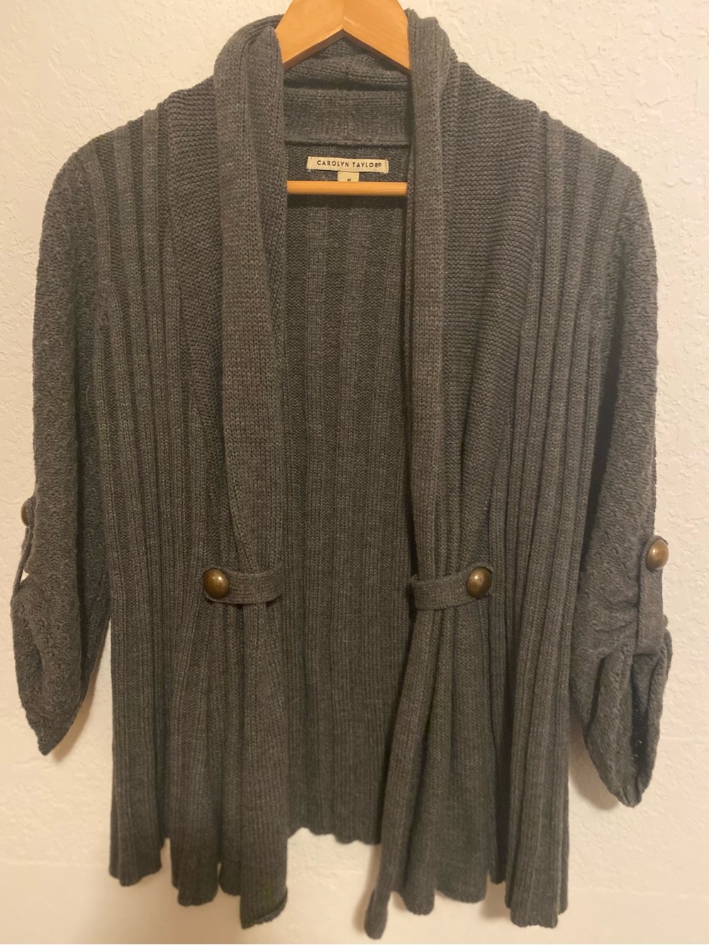 Carolyn Taylor Charcoal Ribbed Knit Shawl Collar Cardigan Sweater Size M